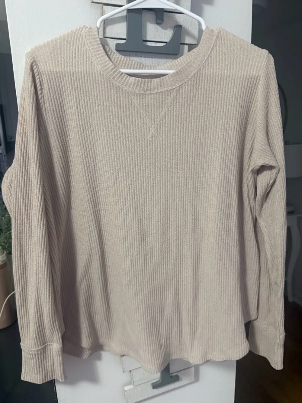 Abercrombie & Fitch Ribbed Crewneck Sweater in Beige